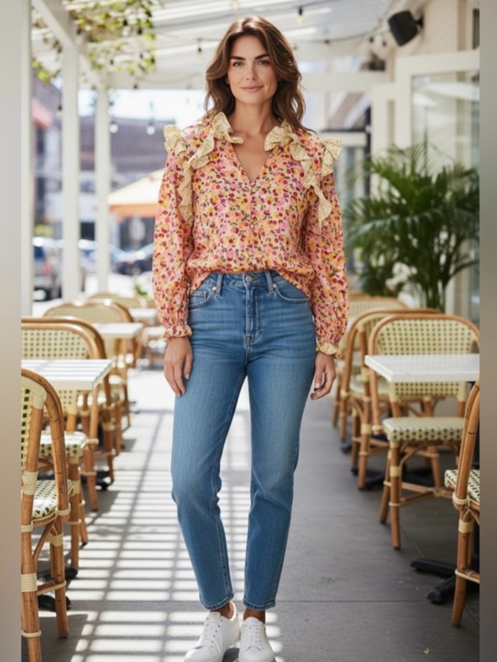 Women’s Gracia Pink Floral Ruffle Button-Front Blouse NWT